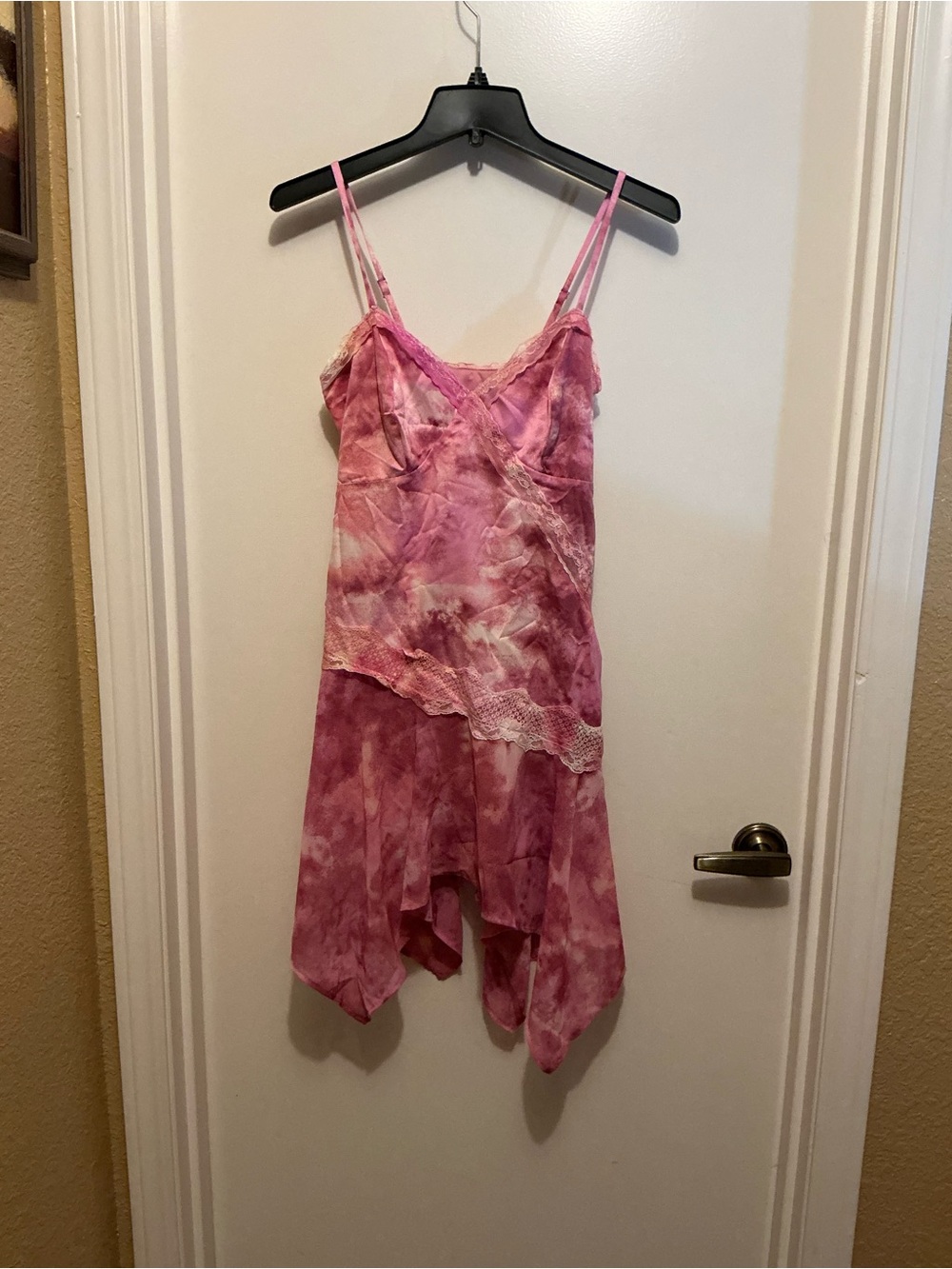 wild fable Pink Tie-Dye Lace-Trim Handkerchief-Hem Chemise Dress